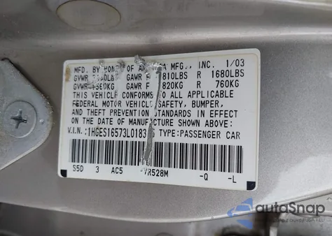 2003 Honda Civic Lx z USA, uszkodzony, nr VIN 1HGES16573L018315